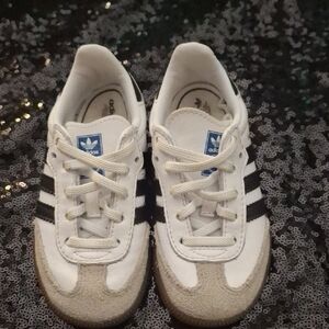 Adidas Kids White and Black Sneakers with Tan Accents